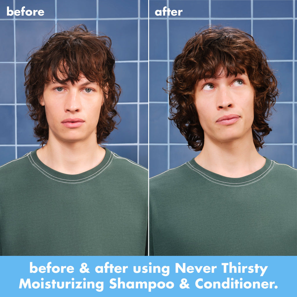 Male's hair before and after using Never Thirsty Moisturizing Shampoo and Conditioner